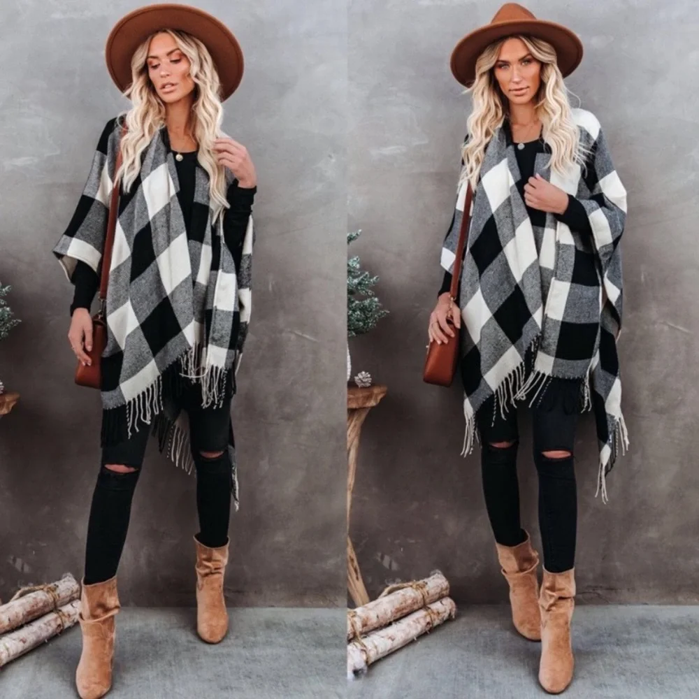 LAST 1! 5 Star Rated! New Cozy Soft Chic Plaid Fringe Poncho Ruana - Picture 7 of 11